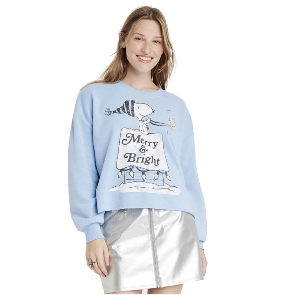 Peanuts Snoopy & Woodstock Lt Blue Oversized Crop Sweatshirt - Womens Size XS